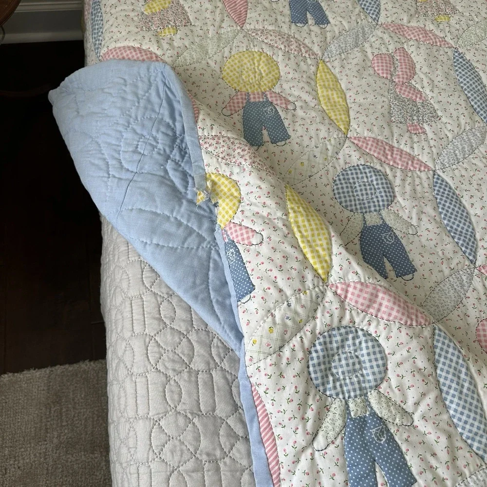 Vintage Sunbonnet Sue Sam Quilt Handmade Hand stitched Cotton Blue Pink Yellow